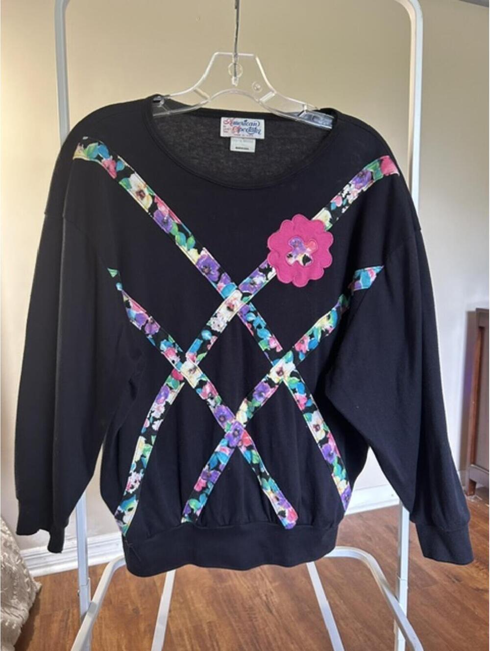 American Spectator Black Sweatshirt Floral Ribbon M Made USA